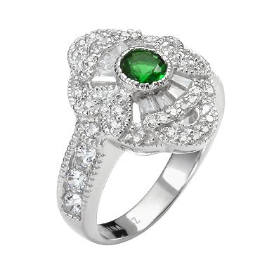 Sophie Miller Sterling Silver Simulated Emerald and Cubic Zirconia Filigree Ring