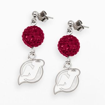 LogoArt New Jersey Devils Sterling Silver Crystal Ball Drop Earrings