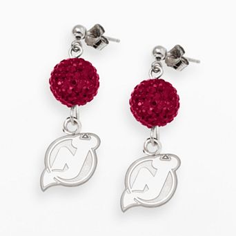 LogoArt New Jersey Devils Sterling Silver Crystal Ball Drop Earrings