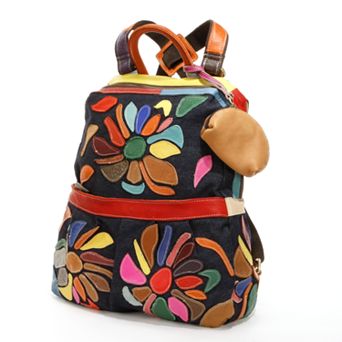 AmeriLeather Mini-Carrier Leather & Denim Floral Patchwork Backpack