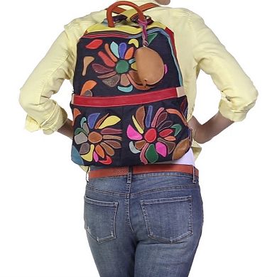 AmeriLeather Mini-Carrier Leather and Denim Floral Patchwork Backpack