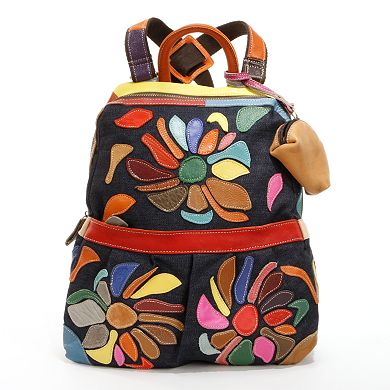 AmeriLeather Mini-Carrier Leather and Denim Floral Patchwork Backpack