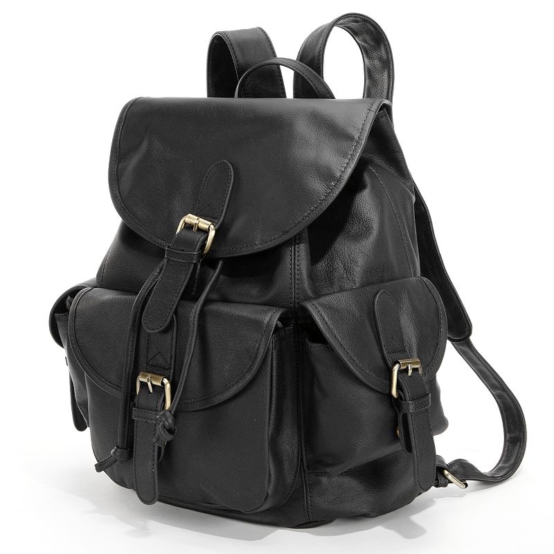 AmeriLeather Urban Buckle Flap Leather Backpack, Black