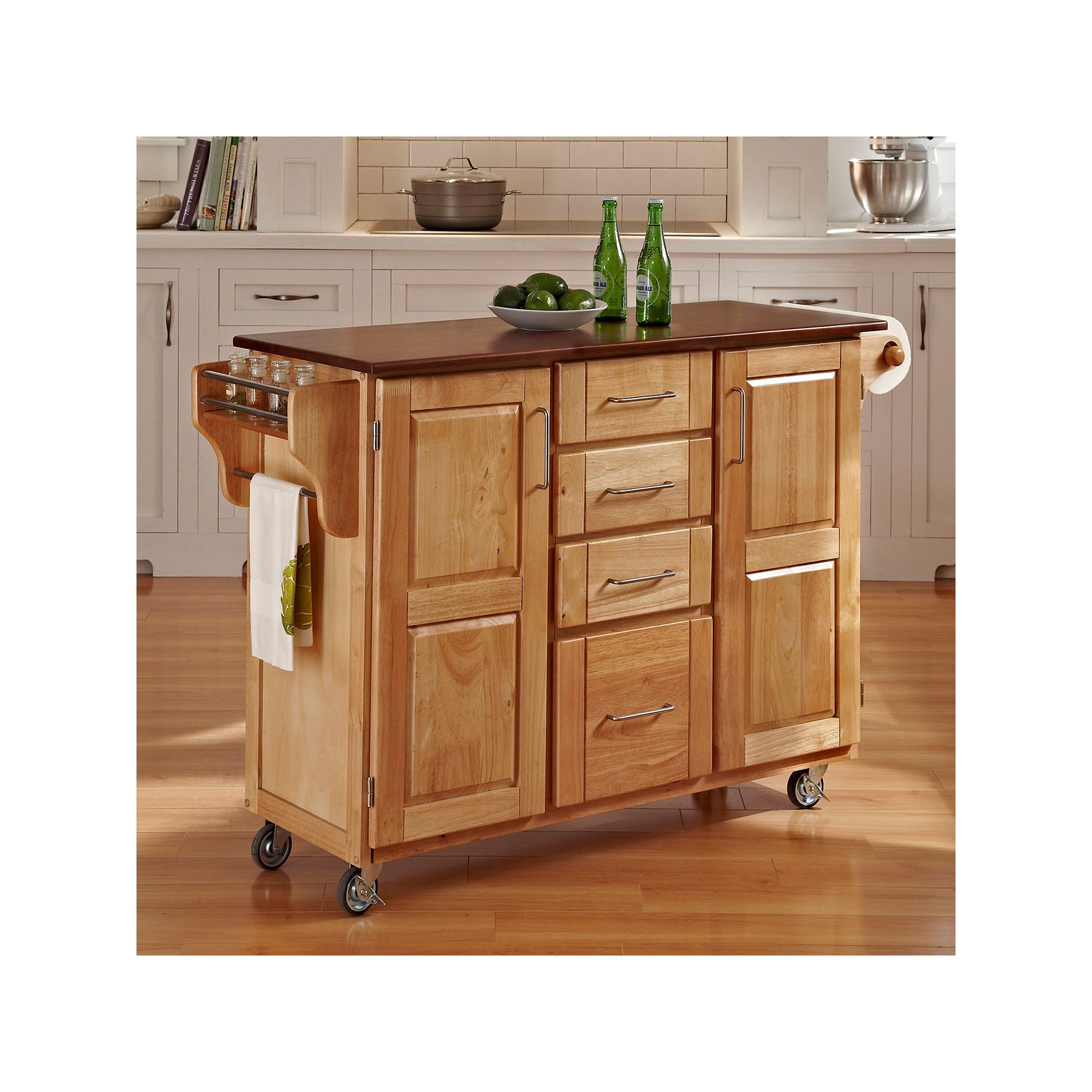 Oak-Top Four Drawer Kitchen Cart, Natural