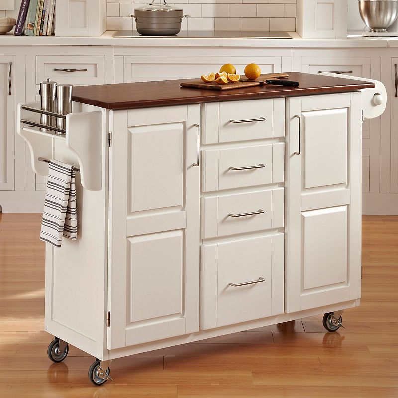 Oak-Top Four Drawer Kitchen Cart, White