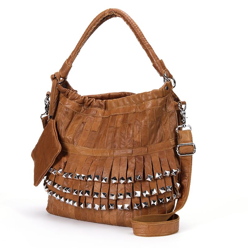 AmeriLeather Tutu Studded Leather Patchwork Shoulder Bag, Brown