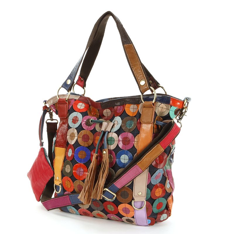 AmeriLeather Lloyd Leather Patchwork Circles Convertible Tote, Multicolor
