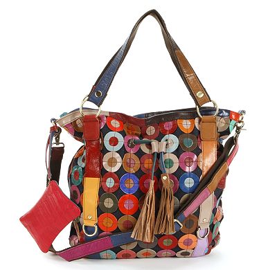 AmeriLeather Lloyd Leather Patchwork Circles Convertible Tote