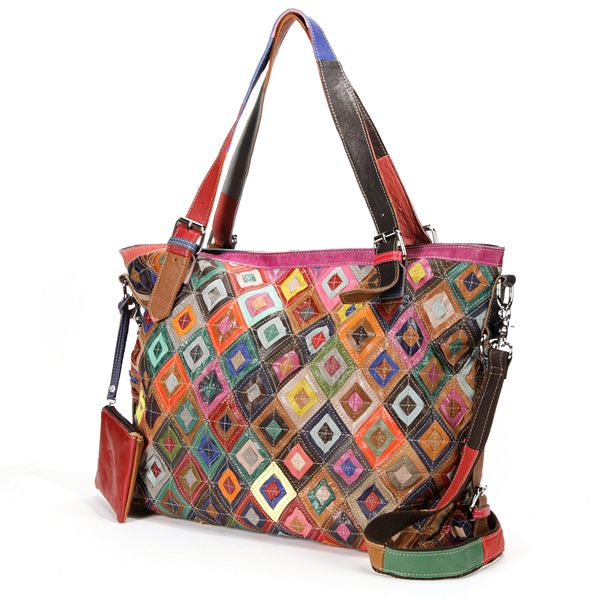 AmeriLeather Bailey Rainbow Patchwork Leather Convertible Tote