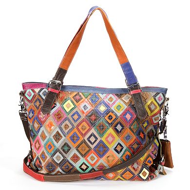 AmeriLeather Bailey Rainbow Patchwork Leather Convertible Tote