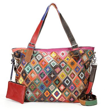 AmeriLeather Bailey Rainbow Patchwork Leather Convertible Tote