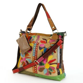 AmeriLeather Rosalie Leather & Canvas Floral Patched Convertible Tote