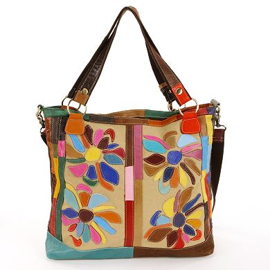 AmeriLeather Rosalie Leather and Canvas Floral Patched Convertible Tote