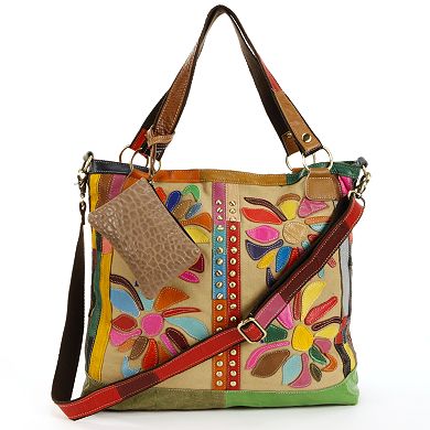 AmeriLeather Rosalie Leather & Canvas Floral Patched Convertible Tote