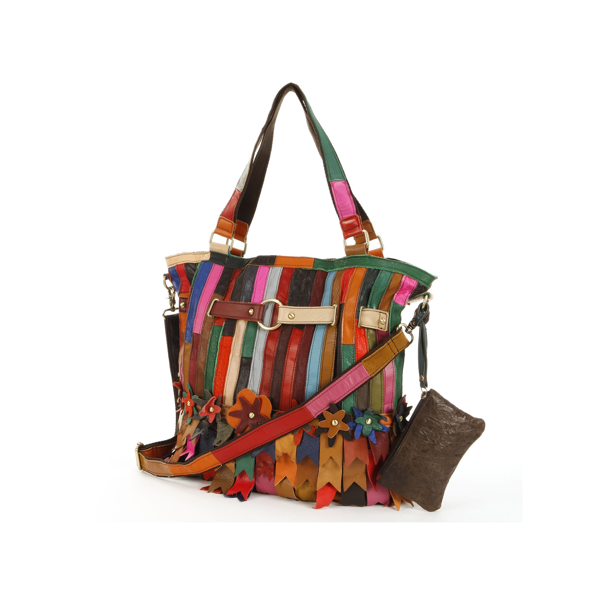 AmeriLeather Kylie Leather Striped & Floral Patchwork Convertible Shoulder 