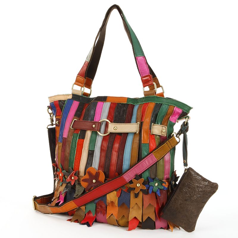 AmeriLeather Kylie Leather Striped and Floral Patchwork Convertible Shoulde