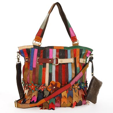 AmeriLeather Kylie Leather Striped and Floral Patchwork Convertible Shoulder Bag