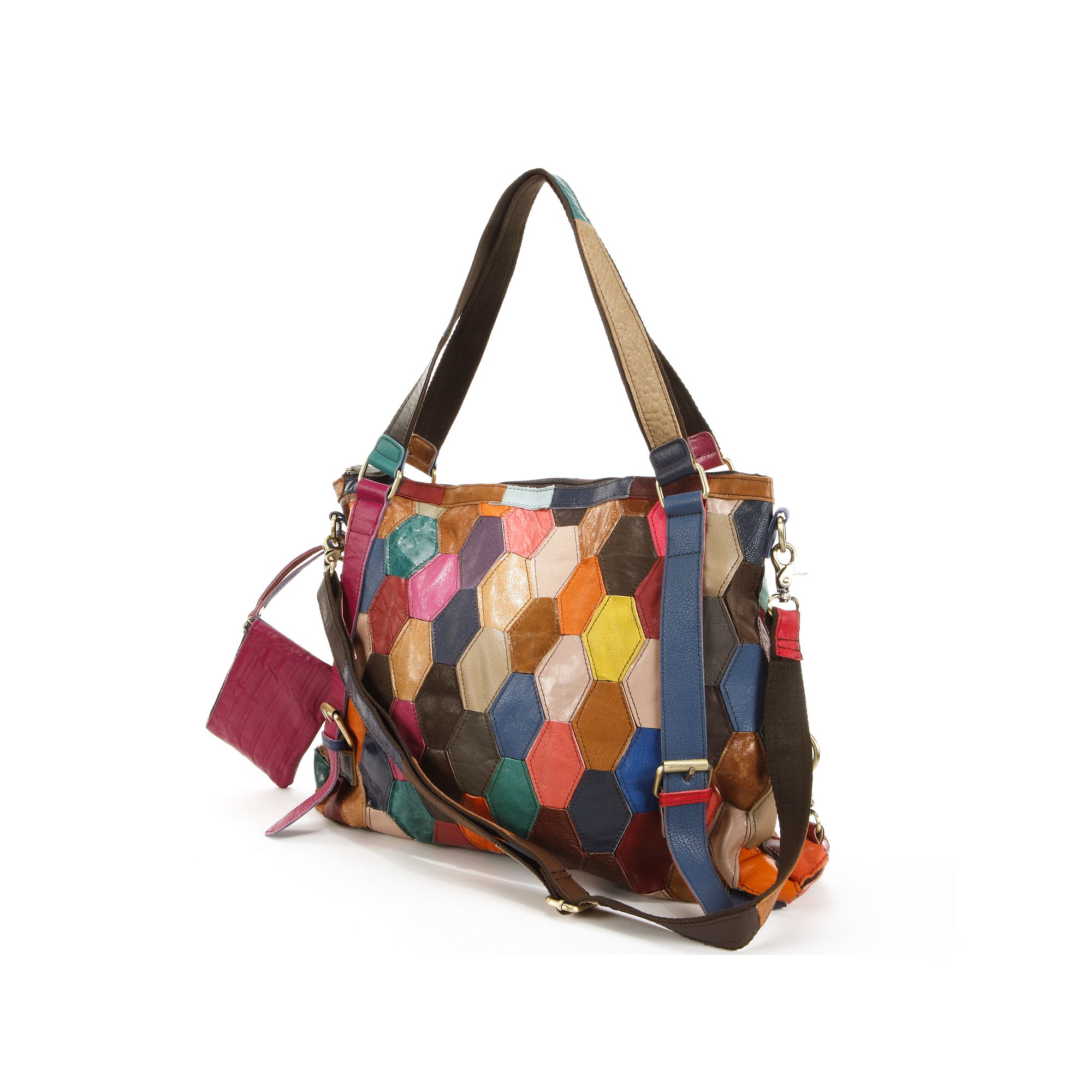 AmeriLeather Miya Leather Honeycomb Patchwork Convertible Shoulder Bag, Rai