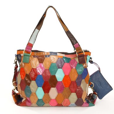 AmeriLeather Miya Leather Honeycomb Patchwork Convertible Shoulder Bag