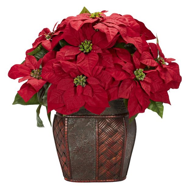 Nearly Natural Poinsettia with White Wash Planter Silk Arrangement