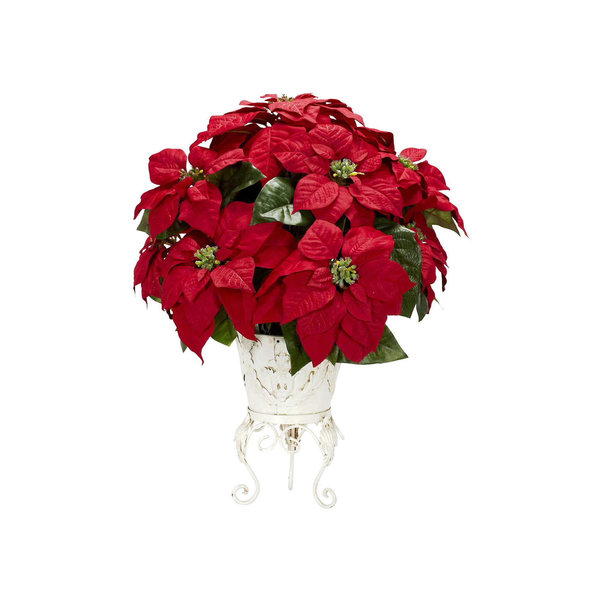 nearly natural Silk Poinsettia Floral Arrangement in Metal Pot, Red