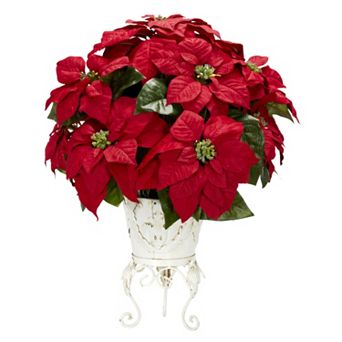 nearly natural Silk Poinsettia Floral Arrangement in Metal Pot