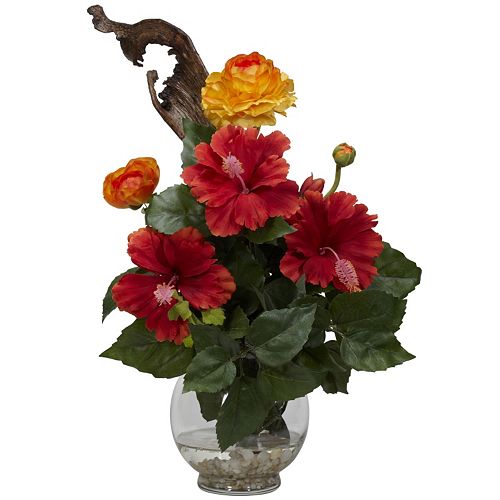 nearly natural Liquid Illusion Silk Hibiscus and Ranunculus Floral Arrangement