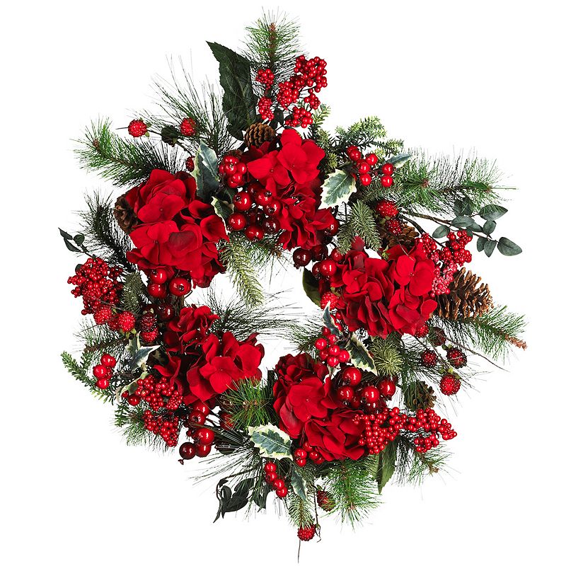 94273777 nearly natural Hydrangea Holiday Wreath, Red sku 94273777