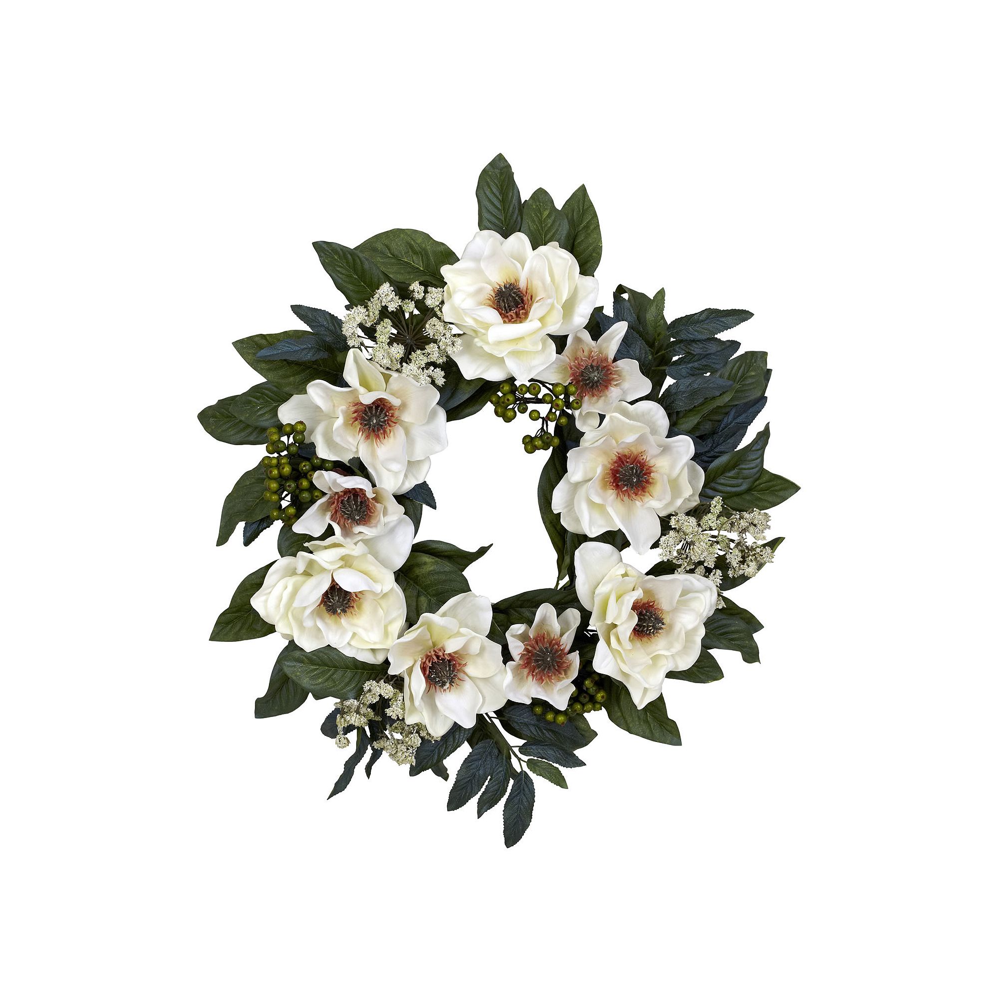 nearly natural 22-in. Silk Magnolia Wreath, White