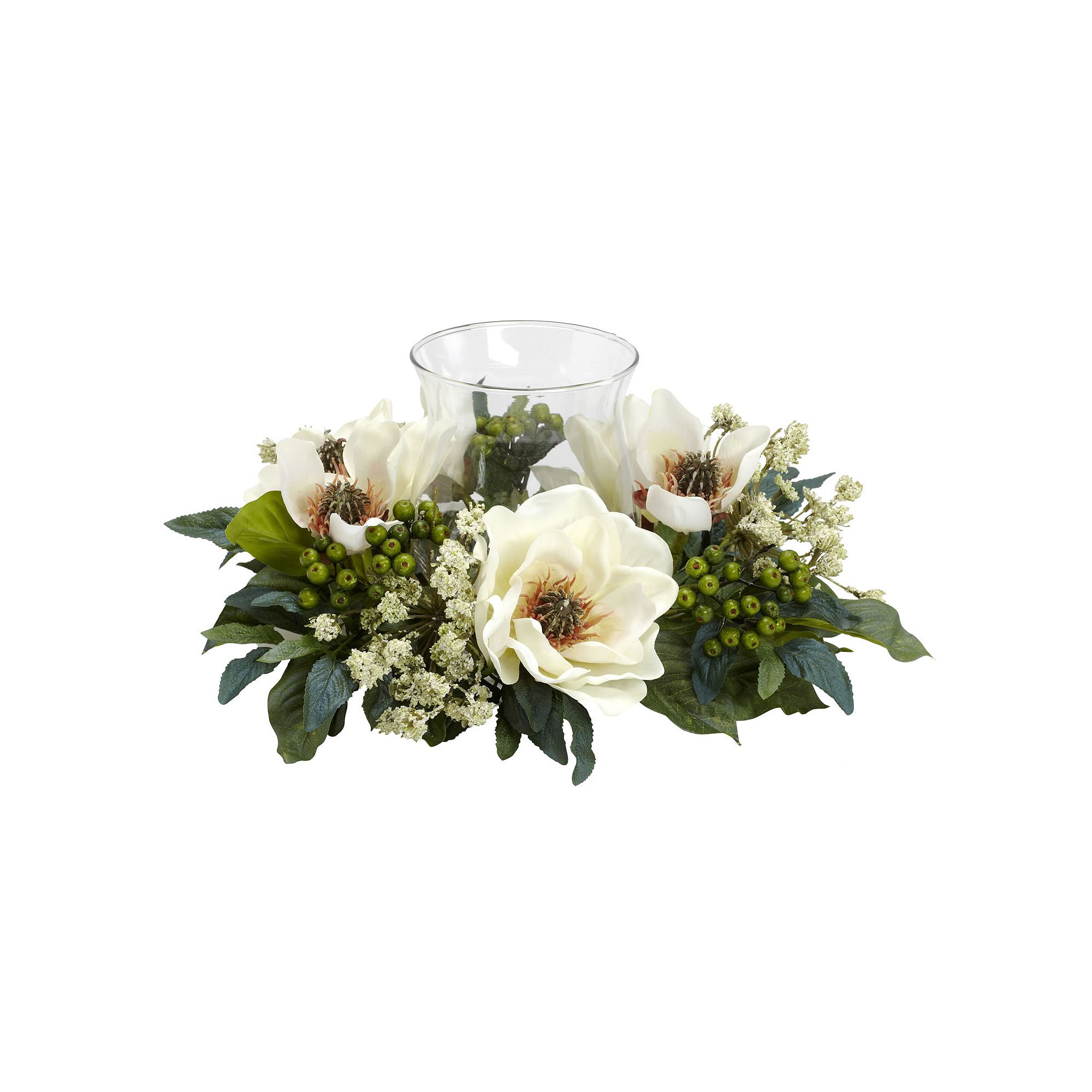nearly natural Silk Magnolia Pillar Candle Holder, White