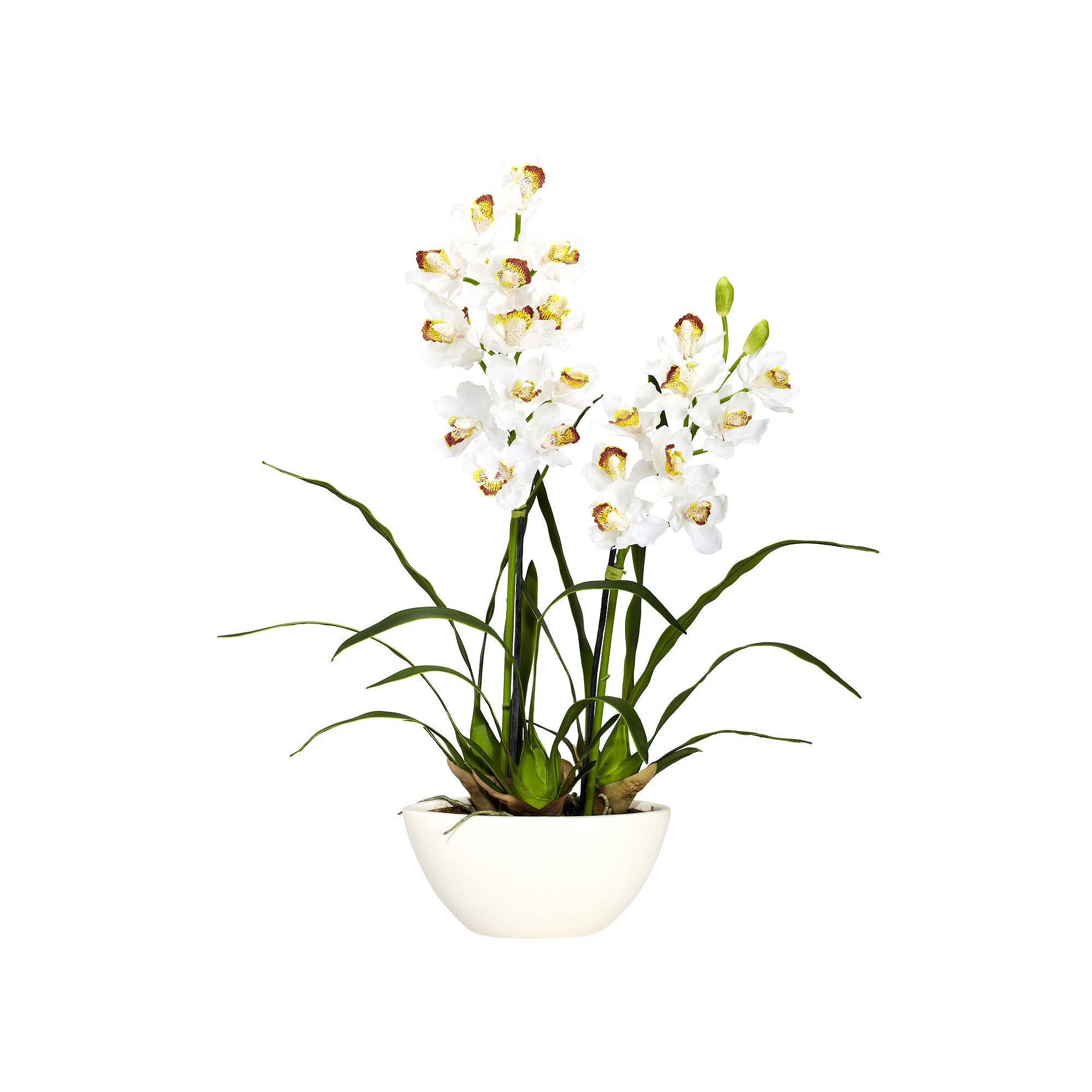 nearly natural Silk Cymbidium Floral Arrangement in a White Vase