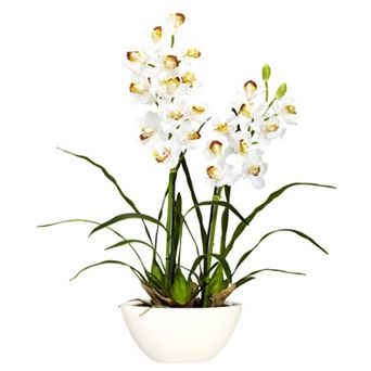 nearly natural Silk Cymbidium Floral Arrangement in a White Vase