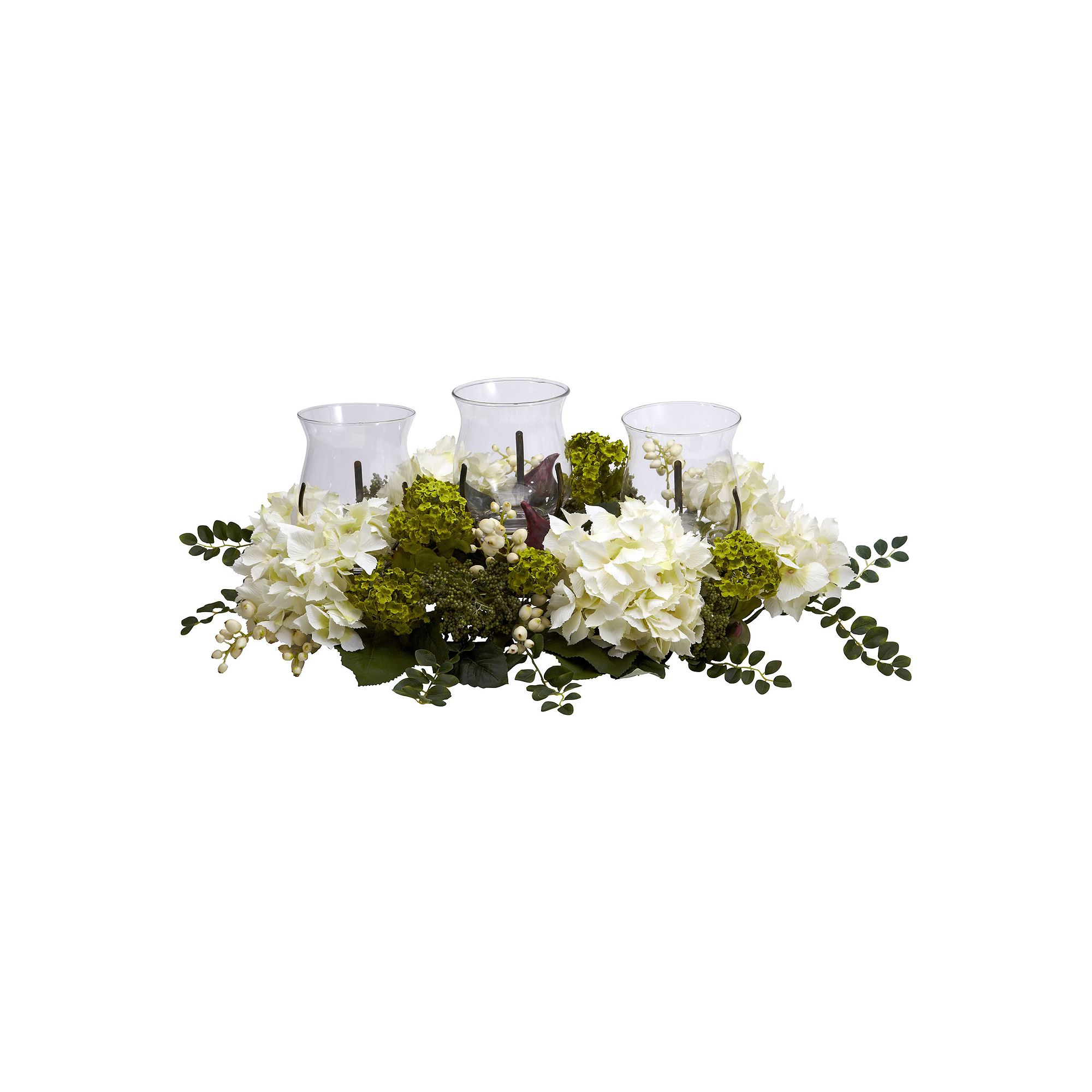 nearly natural Silk Snowball Hydrangea Hurricane Candle Holder, White