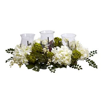 nearly natural Silk Snowball Hydrangea Hurricane Candle Holder