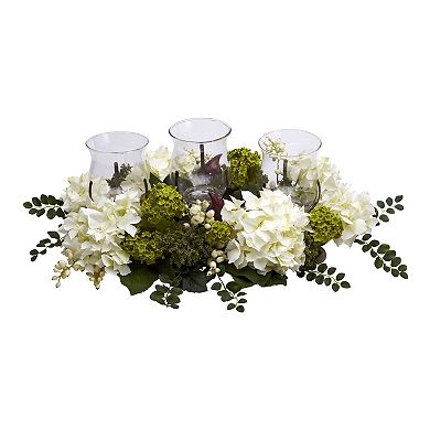 nearly natural Silk Snowball Hydrangea Hurricane Candle Holder