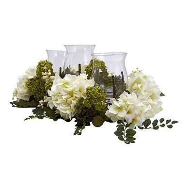 nearly natural Silk Snowball Hydrangea Hurricane Candle Holder
