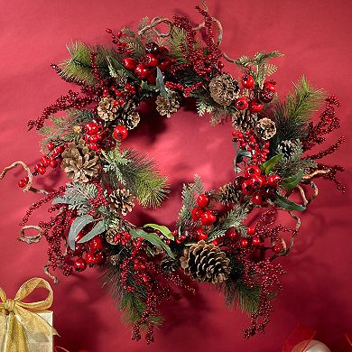 nearly natural 24-in. Artificial Berry and Pinecone Wreath