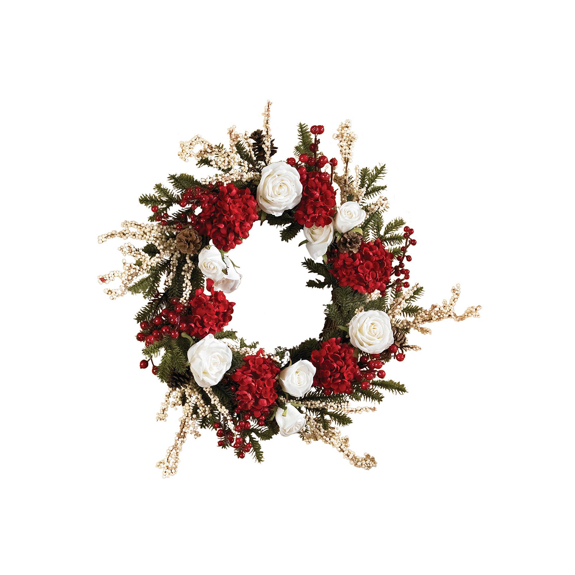 nearly natural 24-in. Hydrangea with White Roses Wreath, Red