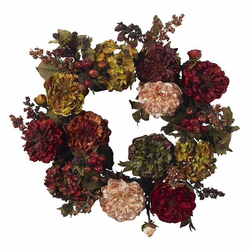 nearly natural 22-in. Autumn Hydrangea Peony Wreath, Red