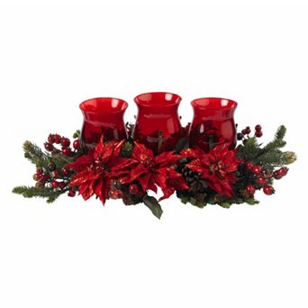 nearly natural Poinsettia & Berry Triple Candelabrum