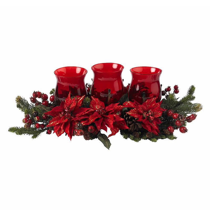 nearly natural Poinsettia and Berry Triple Candelabrum, Red