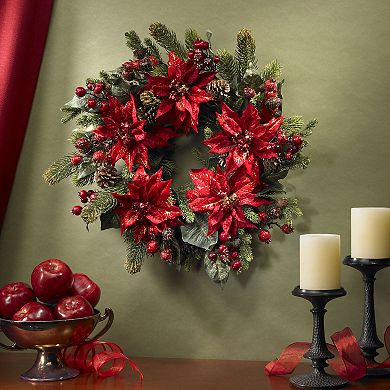 nearly natural 24-in. Poinsettia and Berry Wreath