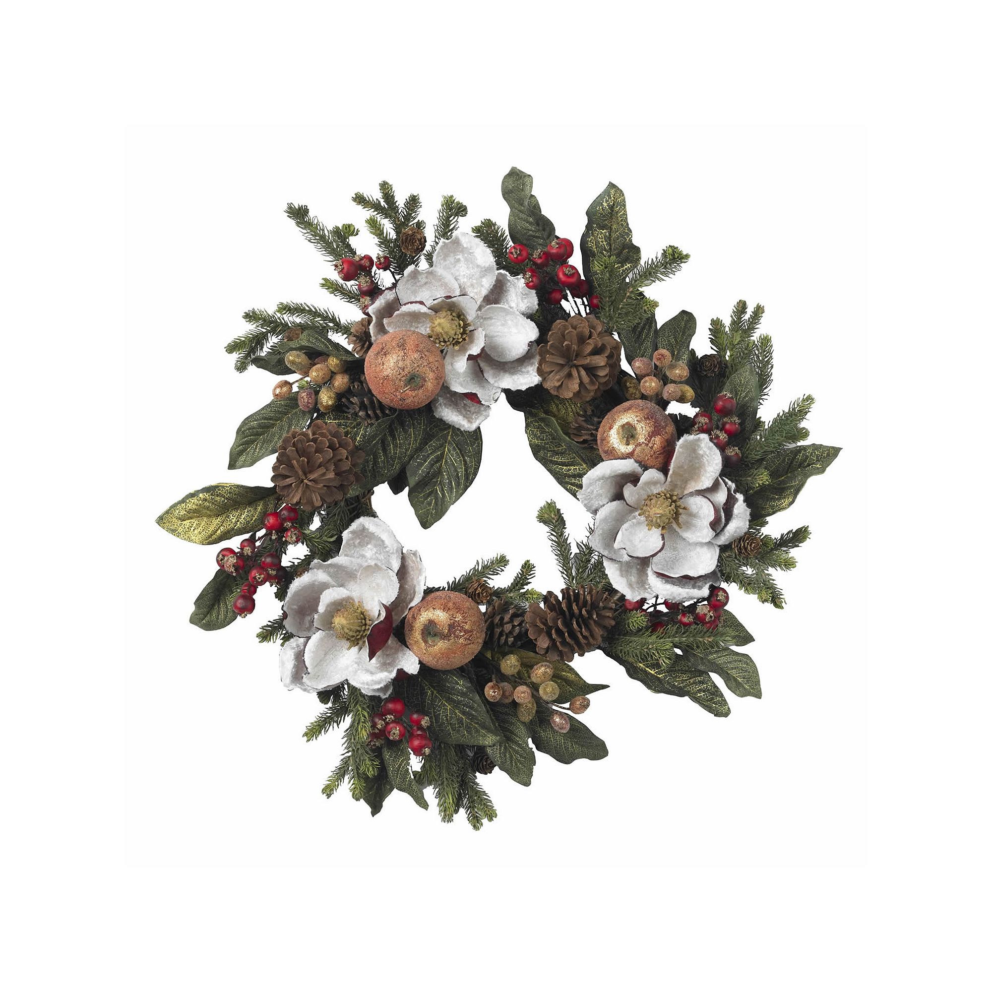 nearly natural 24-in. Magnolia Pinecone & Berry Wreath, White