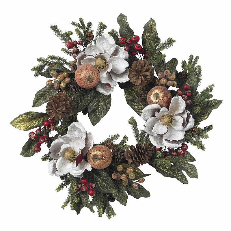 nearly natural 24-in. Magnolia Pinecone and Berry Wreath, White