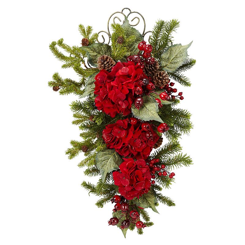 nearly natural 27-in. Christmas Hydrangea Teardrop, Red