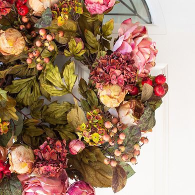 nearly natural 24-in. Peony Hydrangea Wreath