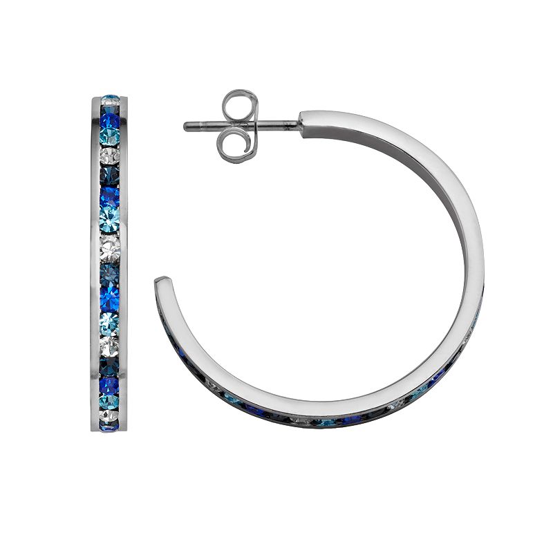 Traditions Jewelry Company Sterling Silver Blue & White Crystal Hoop Earrings, Women's