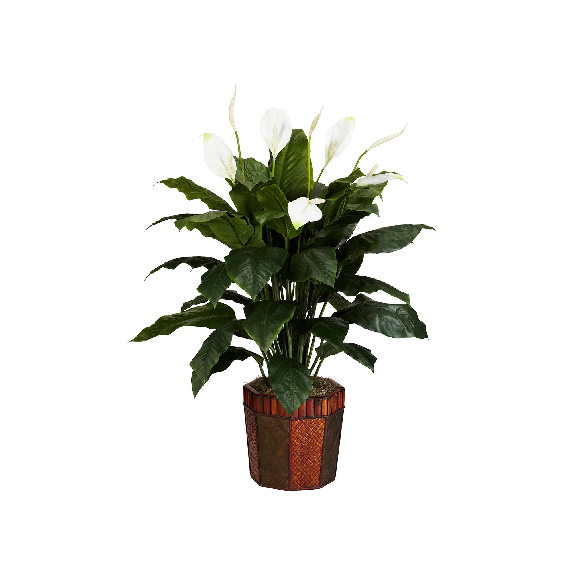 nearly natural Silk Spathyfillum Plant in a Wooden Vase, Green