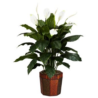 nearly natural Silk Spathyfillum Plant in a Wooden Vase