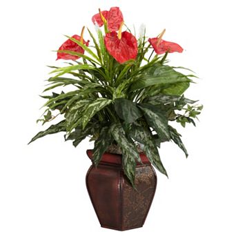 nearly natural Silk Mixed Greens & Anthurium Plant
